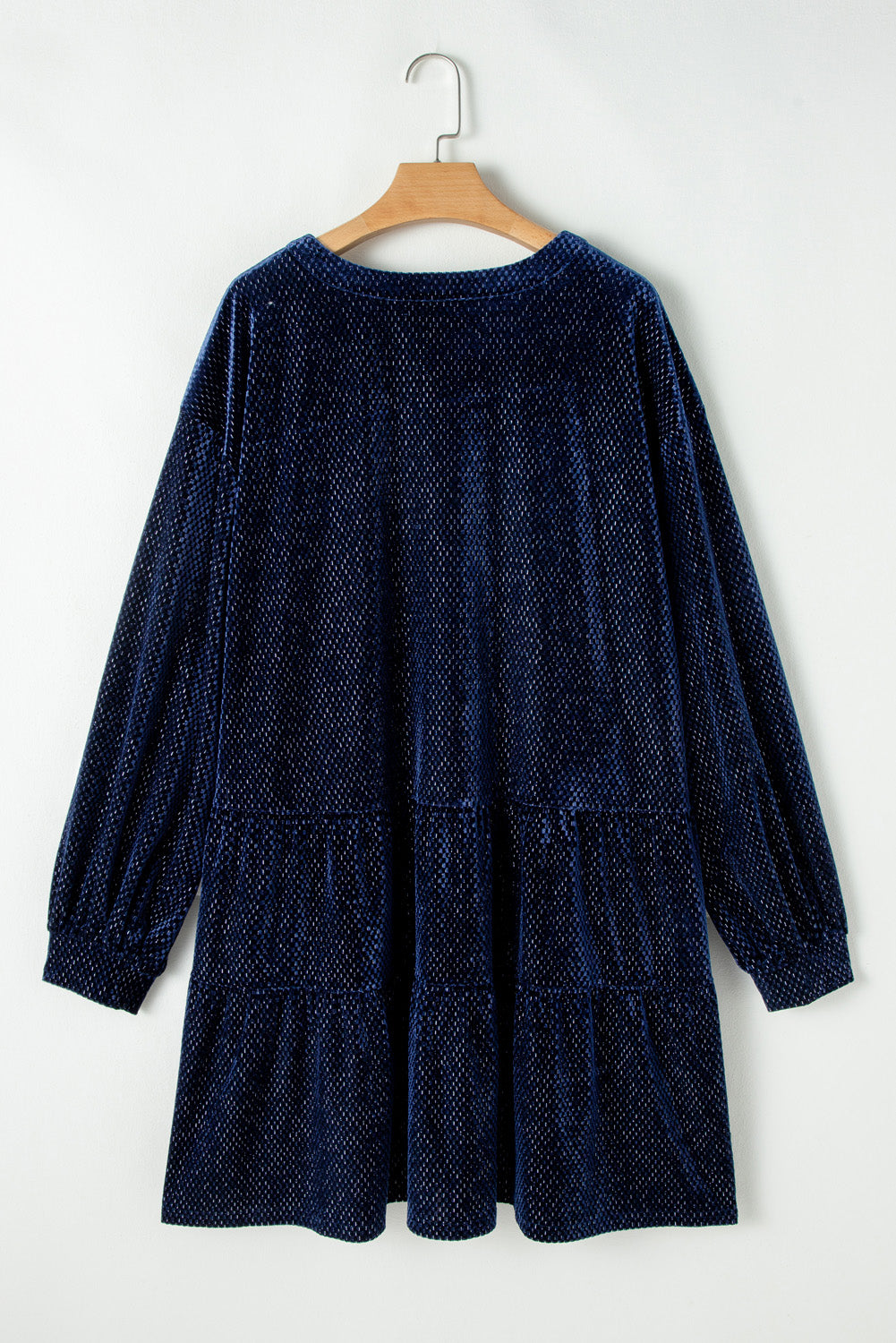 Navy Blue Plus Size Textured Velvet Tiered Button V Neck Dress Plus Size Mini Dresses JT's Designer Fashion