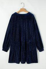 Navy Blue Plus Size Textured Velvet Tiered Button V Neck Dress Plus Size Mini Dresses JT's Designer Fashion