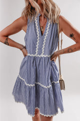 Blue Stripe Sleeveless Notched V Neck Contrast Ric Rac Mini Dress Mini Dresses JT's Designer Fashion