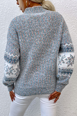 Gray Retro Snowflake Pattern Mock Neck Fuzzy Sweater Sweaters JT's Designer Fashion