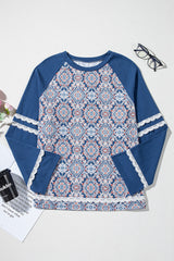 Blue Geometric Printed Lace Patchwork Ric Rac Raglan Long Sleeve Top Long Sleeve Tops JT's Designer Fashion