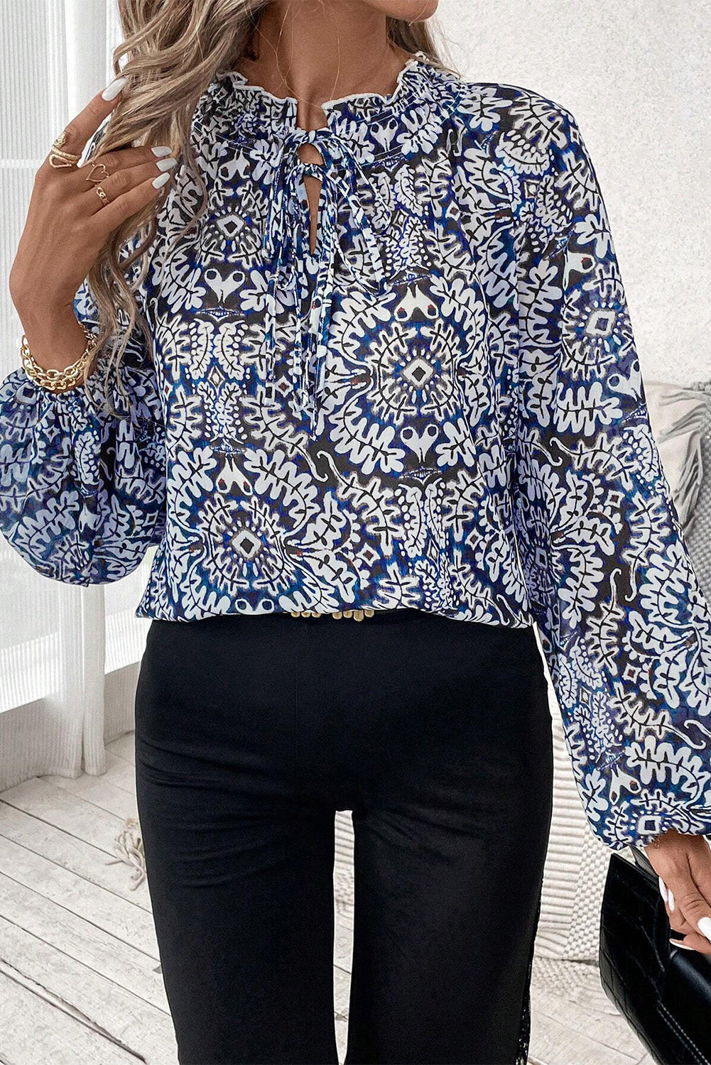 Blue Tribal Print Lace-up Frilled Neck Puff Sleeve Blouse Blouses & Shirts JT's Designer Fashion