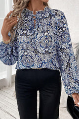 Blue Tribal Print Lace-up Frilled Neck Puff Sleeve Blouse Blouses & Shirts JT's Designer Fashion