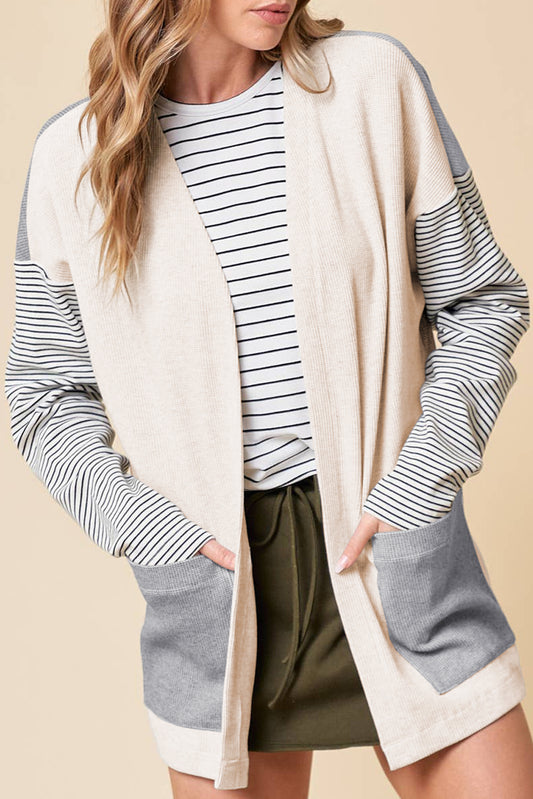 Black Stripe Colorblock Patchwork Open Front Cardigan with Pocket Black Stripe 75%Polyester+25%Cotton Cardigans JT's Designer Fashion