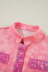 Apricot Pink Mineral Wash Sequin Patchwork Flap Pocket Shacket Jackets JT's Designer Fashion