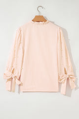 Pink Stripe Bow Knot Cuff Pearl Embellished Puff Sleeve V Neck Blouse Blouses & Shirts JT's Designer Fashion