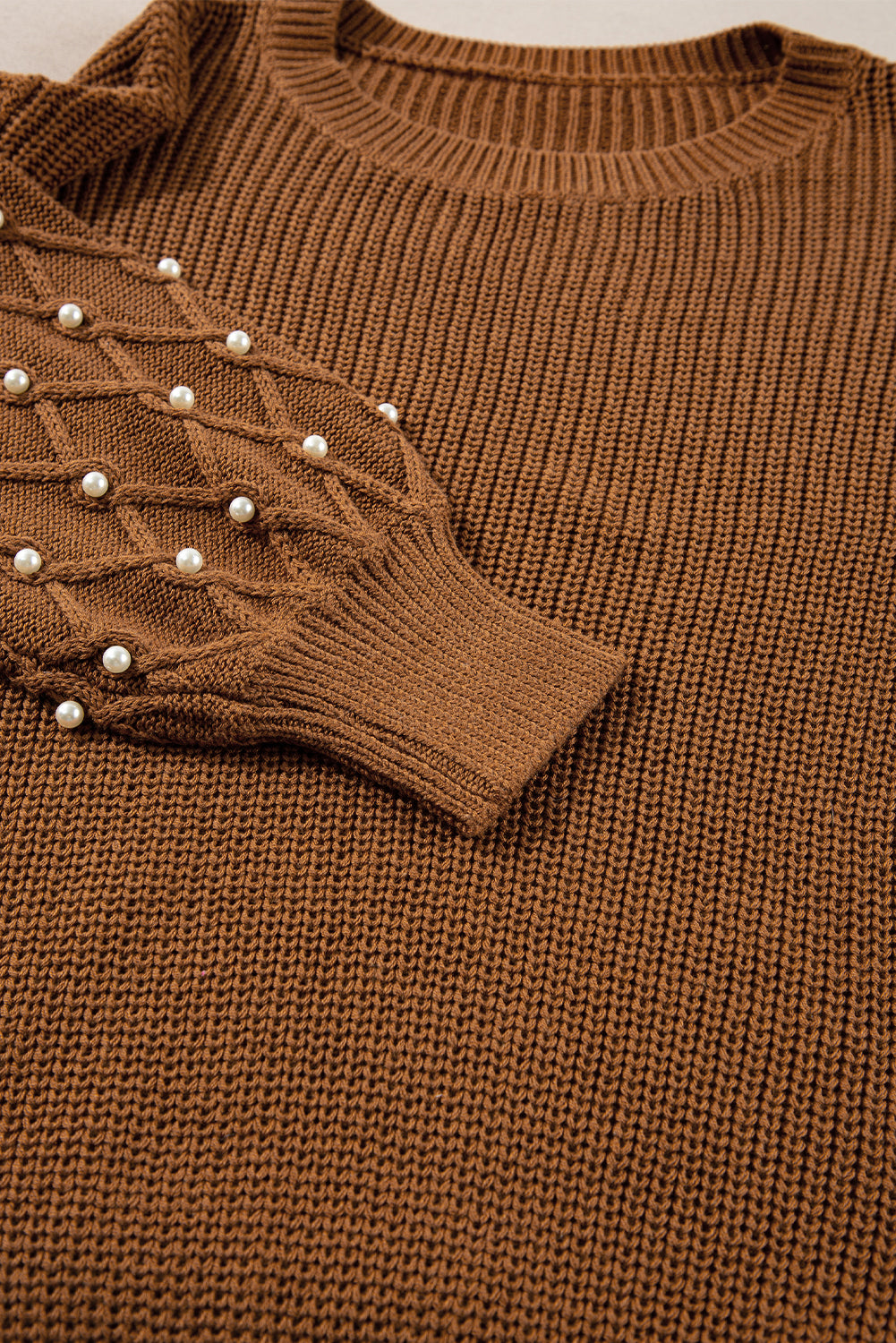 Chestnut Beaded Drop Shoulder Round Neck Sweater Sweaters JT's Designer Fashion
