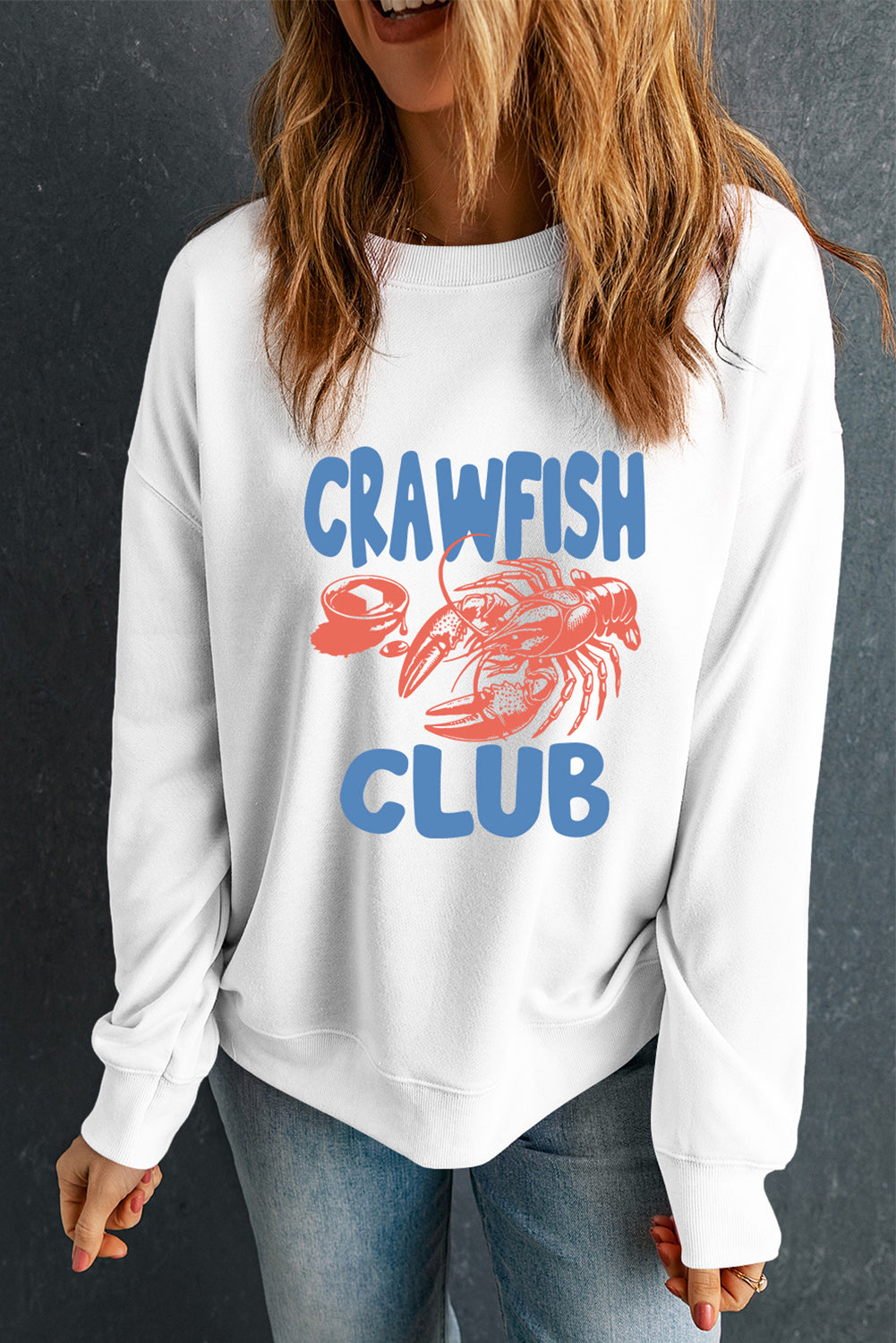 White CRAWFISH CLUB Printed Drop Shoulder Sweatshirt Graphic Sweatshirts JT's Designer Fashion