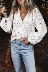 White Eyelet Embroidered Puff Sleeve V Neck Blouse Blouses & Shirts JT's Designer Fashion