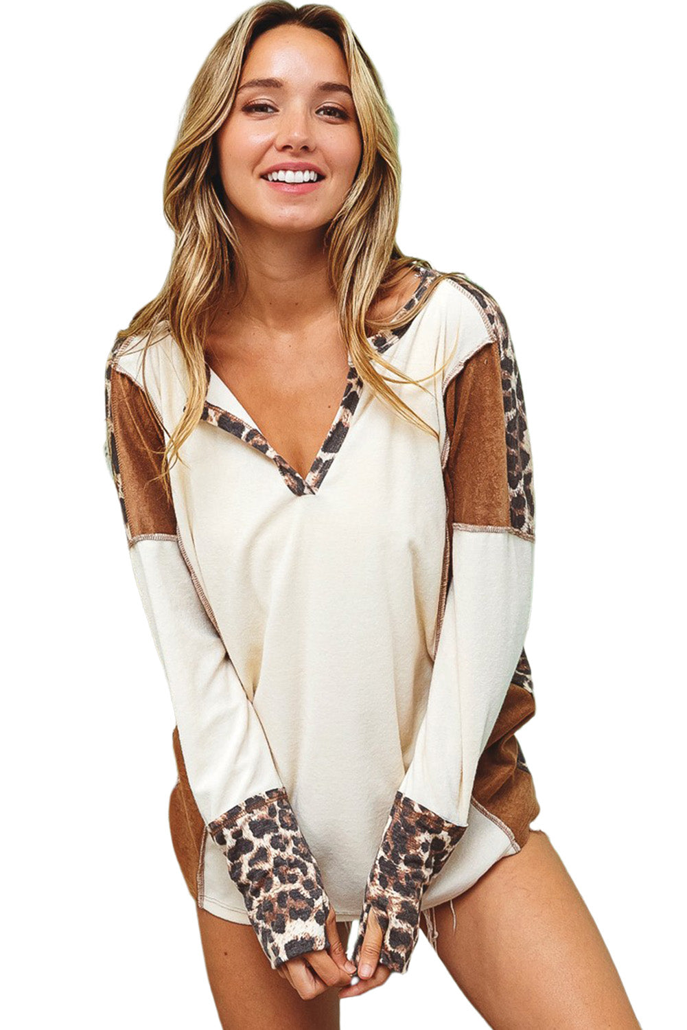 White Leopard Color Block Patchwork Split Neck Long Sleeve Top Long Sleeve Tops JT's Designer Fashion