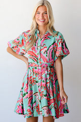 Green Abstract Print Lace-up High Waist Buttoned Mini Dress Mini Dresses JT's Designer Fashion