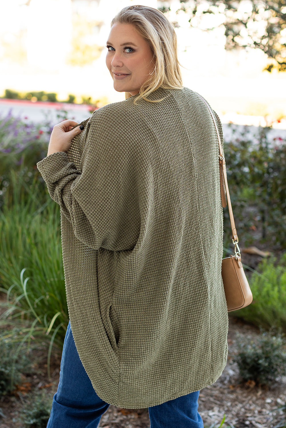 Seagrass Waffle Knit Drop Shoulder Open Front Pocketed Plus Size Cardigan Plus Size Sweaters & Cardigans JT's Designer Fashion