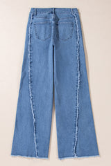 Beau Blue Vintage Stitching Raw Hem Flared Jeans Jeans JT's Designer Fashion