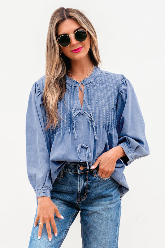 Myosotis Denim Front Pintuck Bow Tie Puff Sleeve Top Myosotis 75%Cotton+25%Polyester Blouses & Shirts JT's Designer Fashion