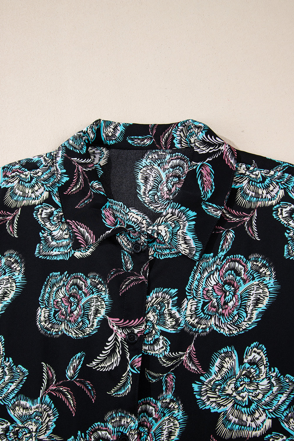 Black Floral Print Lapel Collar Loose Shirt Mini Dress Floral Dresses JT's Designer Fashion
