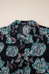 Black Floral Print Lapel Collar Loose Shirt Mini Dress Floral Dresses JT's Designer Fashion