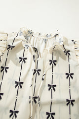 Beige Bow Printed Ruffled Bubble Sleeve Tied Notched V Neck Blouse Blouses & Shirts JT's Designer Fashion