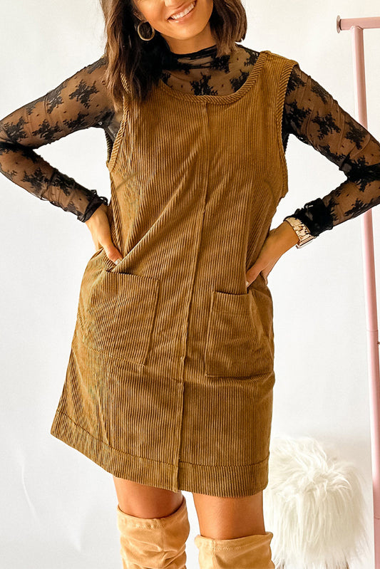 Beige Corduroy Sleeveless Mini Dress With Patched Pockets Beige 100%Polyester Mini Dresses JT's Designer Fashion