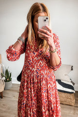 Orange Abstract Print V Neck Pleated High Waist Midi Dress Midi Dresses JT's Designer Fashion