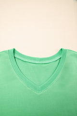 Mint Green V Neck Drop Shoulder Tee and Patchwork Drawstring Elastic Waistband Shorts Set Short Sets JT's Designer Fashion