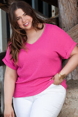 Bright Pink Plus Size Textured Folded Sleeve V Neck T Shirt Plus Size JT's Designer Fashion