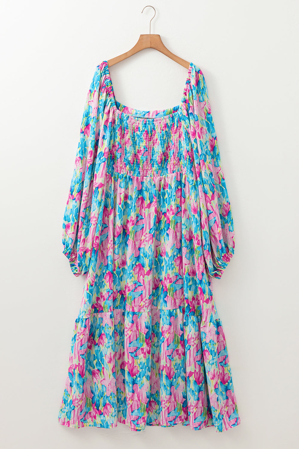 Sky Blue Floral Allover Print Shirred Square Neck Plus Size Maxi Dress Plus Size Maxi Dresses JT's Designer Fashion