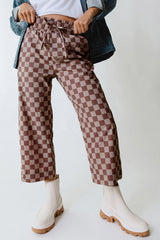 Khaki Checkered Elastic High Waist Loose Casual Pants Pants & Culotte JT's Designer Fashion