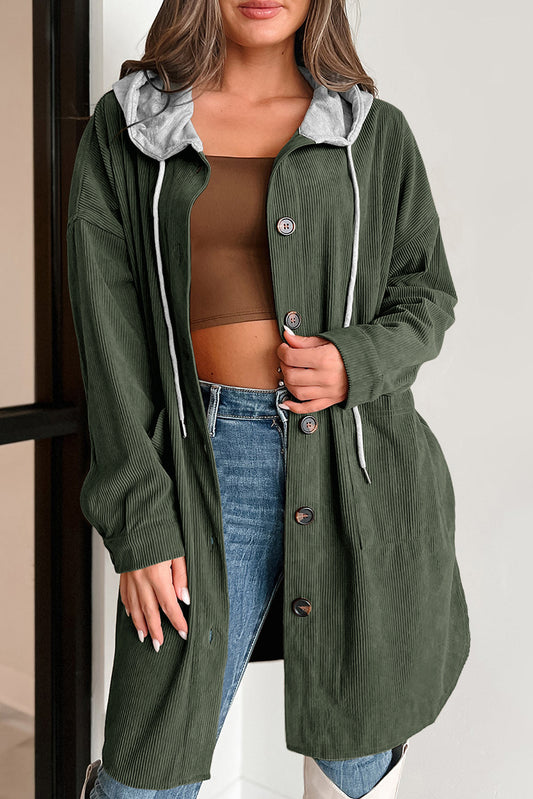 Jungle Green Oversized Corduroy Contrast Hooded Shacket Jungle Green 100%Polyester Jackets JT's Designer Fashion