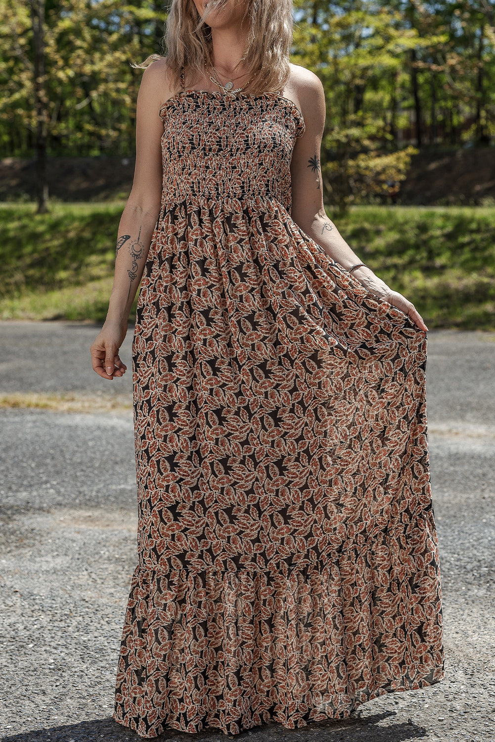 Brown Floral Smocked Bodice High Waist Flowy Sun Dress Floral Dresses JT's Designer Fashion