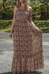 Brown Floral Smocked Bodice High Waist Flowy Sun Dress Floral Dresses JT's Designer Fashion