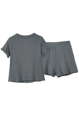 Laurel Green Waffle Knit Buttoned Top and Drawstring Shorts Set Short Sets JT's Designer Fashion
