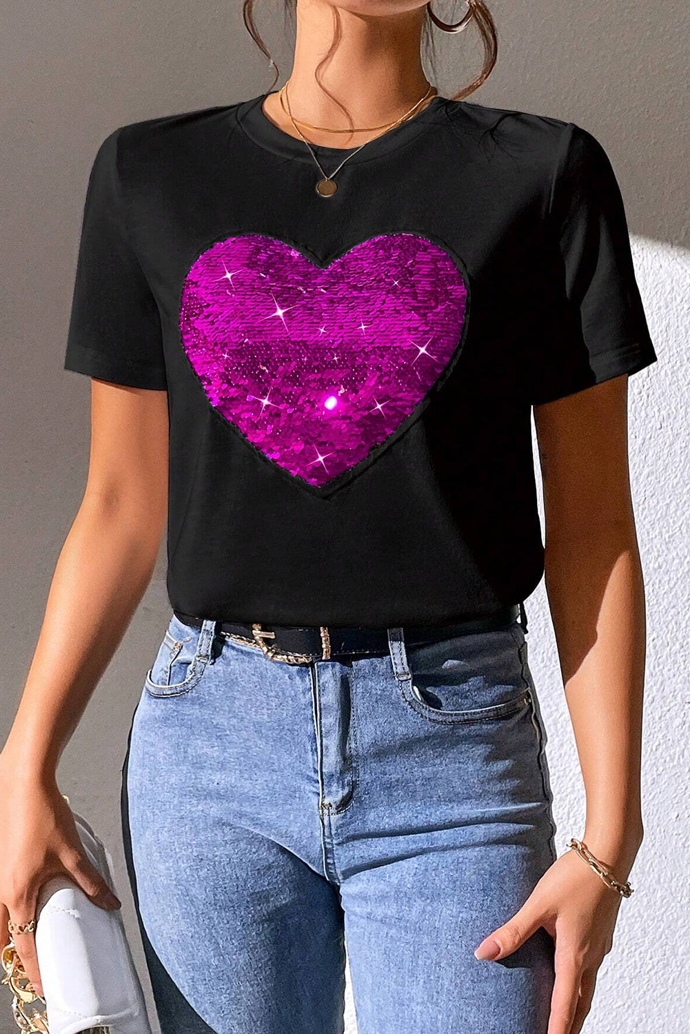 Black Valentine Two Tone Sequined Heart Shaped Graphic T Shirt Graphic Tees JT's Designer Fashion