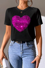Black Valentine Two Tone Sequined Heart Shaped Graphic T Shirt Graphic Tees JT's Designer Fashion