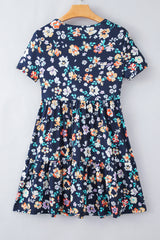 Blue Short Sleeve A-line Floral Dress Floral Dresses JT's Designer Fashion