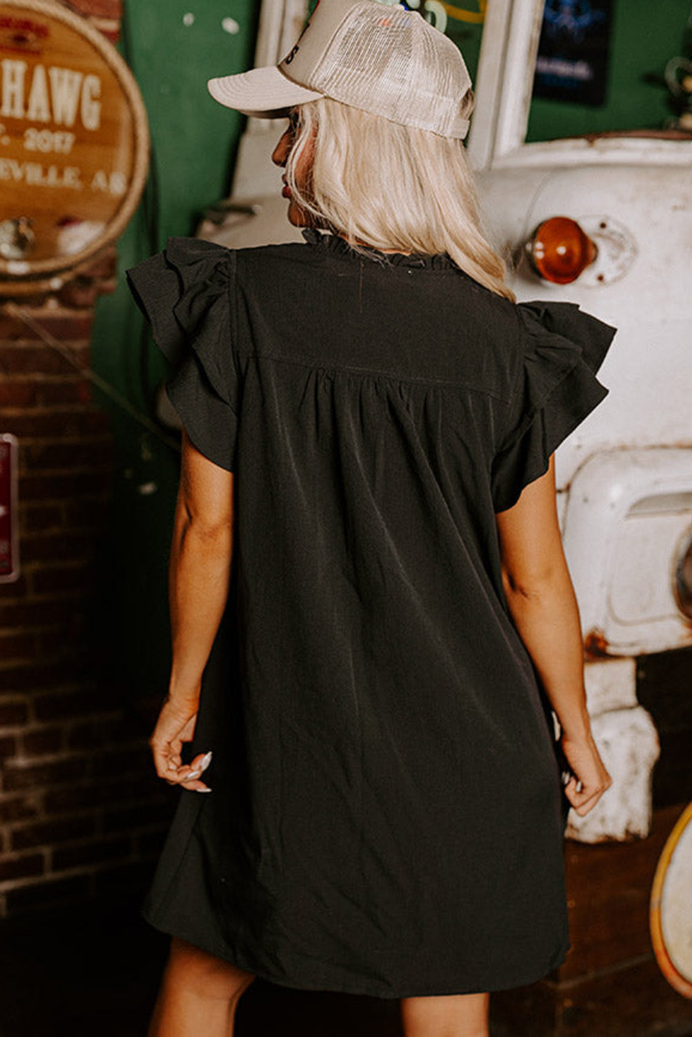 Black Ruffle Sleeve V Neck Frilled Shift Dress Mini Dresses JT's Designer Fashion