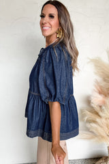 Sail Blue Puff Sleeve Lace-up Neckline Splicing Denim Blouse Blouses & Shirts JT's Designer Fashion