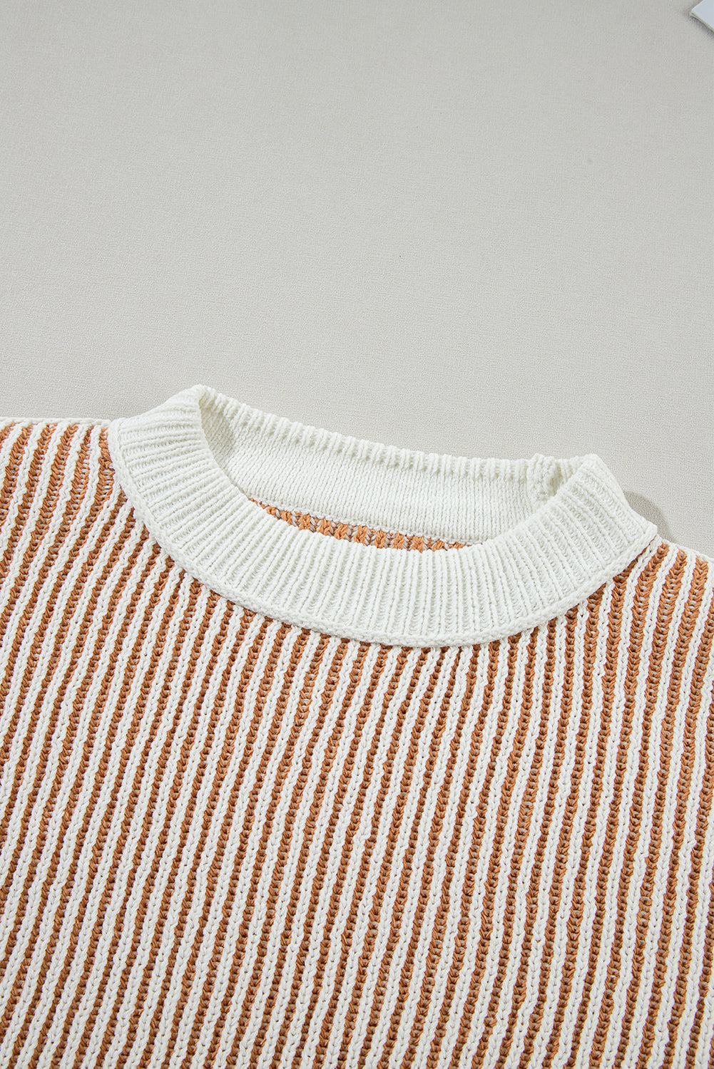 Chestnut Striped Textured Knit Contrast Edge Loose Sweater Sweaters JT's Designer Fashion