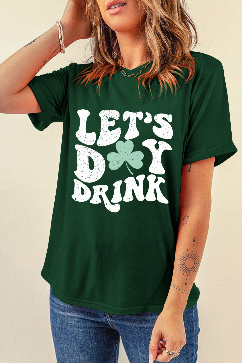 Green Lets Day Drink Clover Print Round Neck T Shirt Graphic Tees JT's Designer Fashion