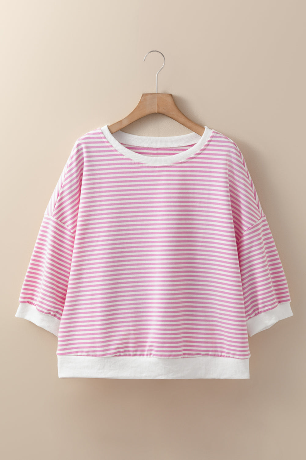 Pink Striped 3/4 Sleeve Drop Shoulder Top Long Sleeve Tops JT's Designer Fashion