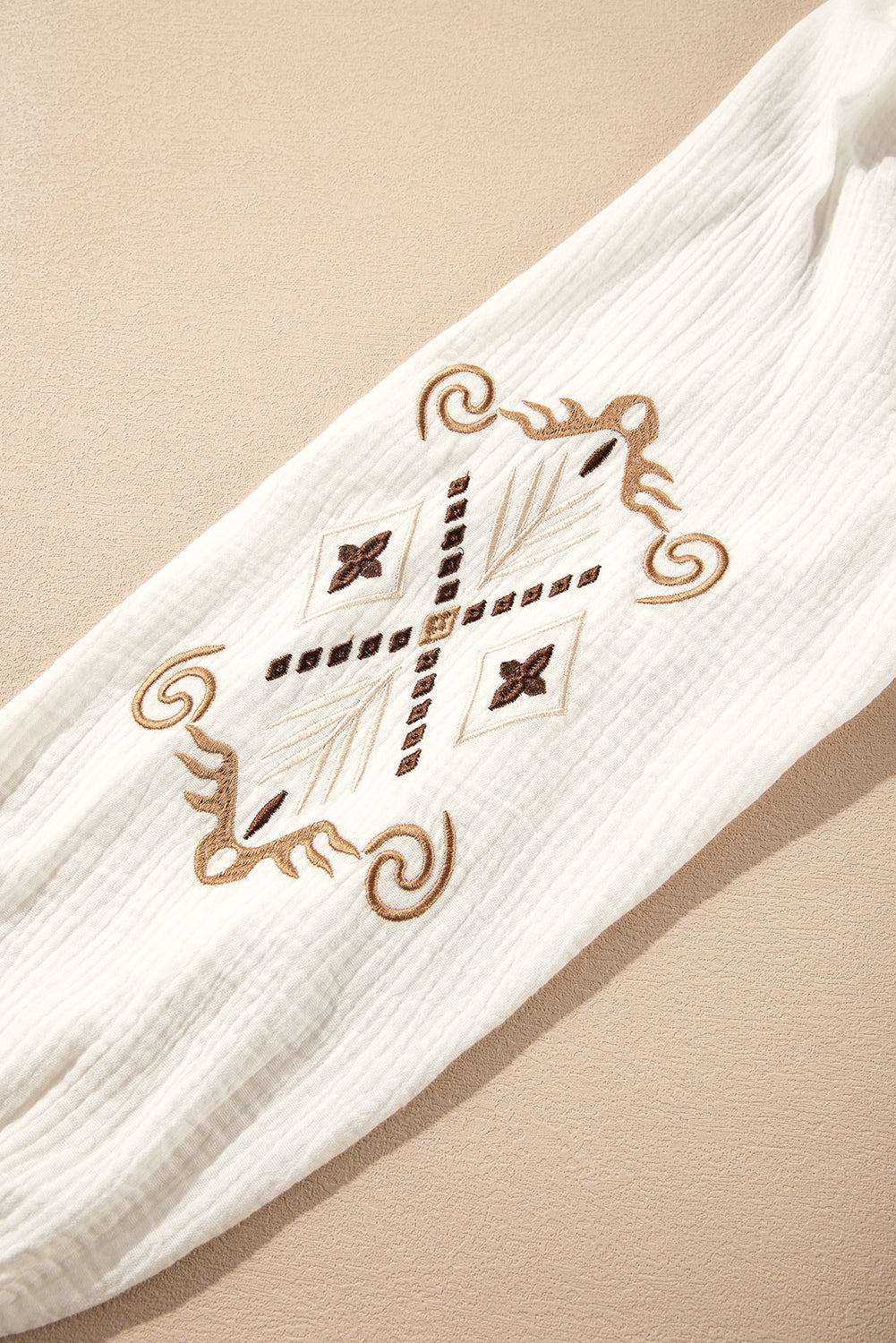White Embroidered Textured Buttoned Crew Neck Shirt Blouses & Shirts JT's Designer Fashion