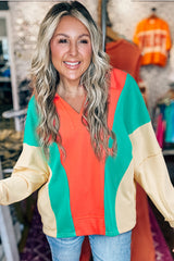 Grapefruit Orange Color Block Patchwork Collared V Neck Loose Top Long Sleeve Tops JT's Designer Fashion