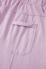 Pink Mineral Wash Exposed Seam Drawstring High Waist Wide Leg Cargo Pants Casual Shorts JT's Designer Fashion