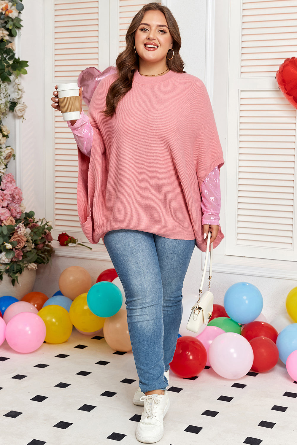 Light Pink Ribbed Knit Half Sleeve Plus Size Poncho Style Sweater Plus Size Sweaters & Cardigans JT's Designer Fashion