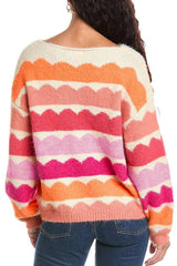 Rose Red Wave Striped Balloon Sleeve Drop Shoulder Sweater Sweaters JT's Designer Fashion