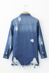Sky Blue Light Wash Distressed Frayed Long Denim Jacket Denim Jackets JT's Designer Fashion