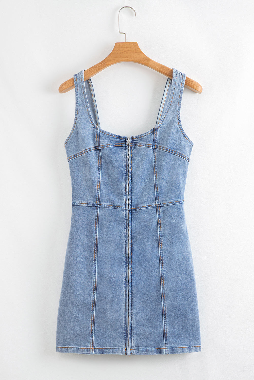 Beau Blue Seamed Zipper Square Neck Sleeveless Denim Mini Dress Mini Dresses JT's Designer Fashion