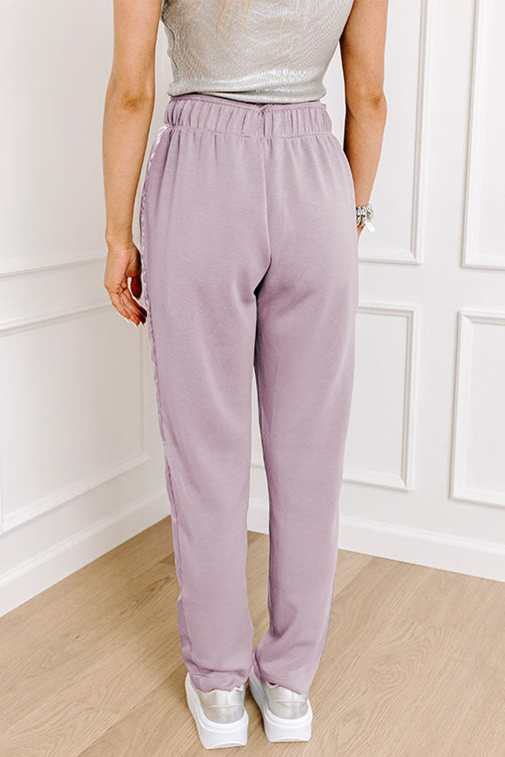 Orchid Petal Drawstring Waist Satin Stripe Patch Straight Leg High Waist Pants Pants & Culotte JT's Designer Fashion
