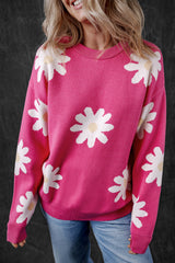 Bright Pink Daisy Flower Crew Neck Long Sleeve Sweater Bright Pink 57%Viscose+27%Polyester+16%Polyamide Sweaters JT's Designer Fashion