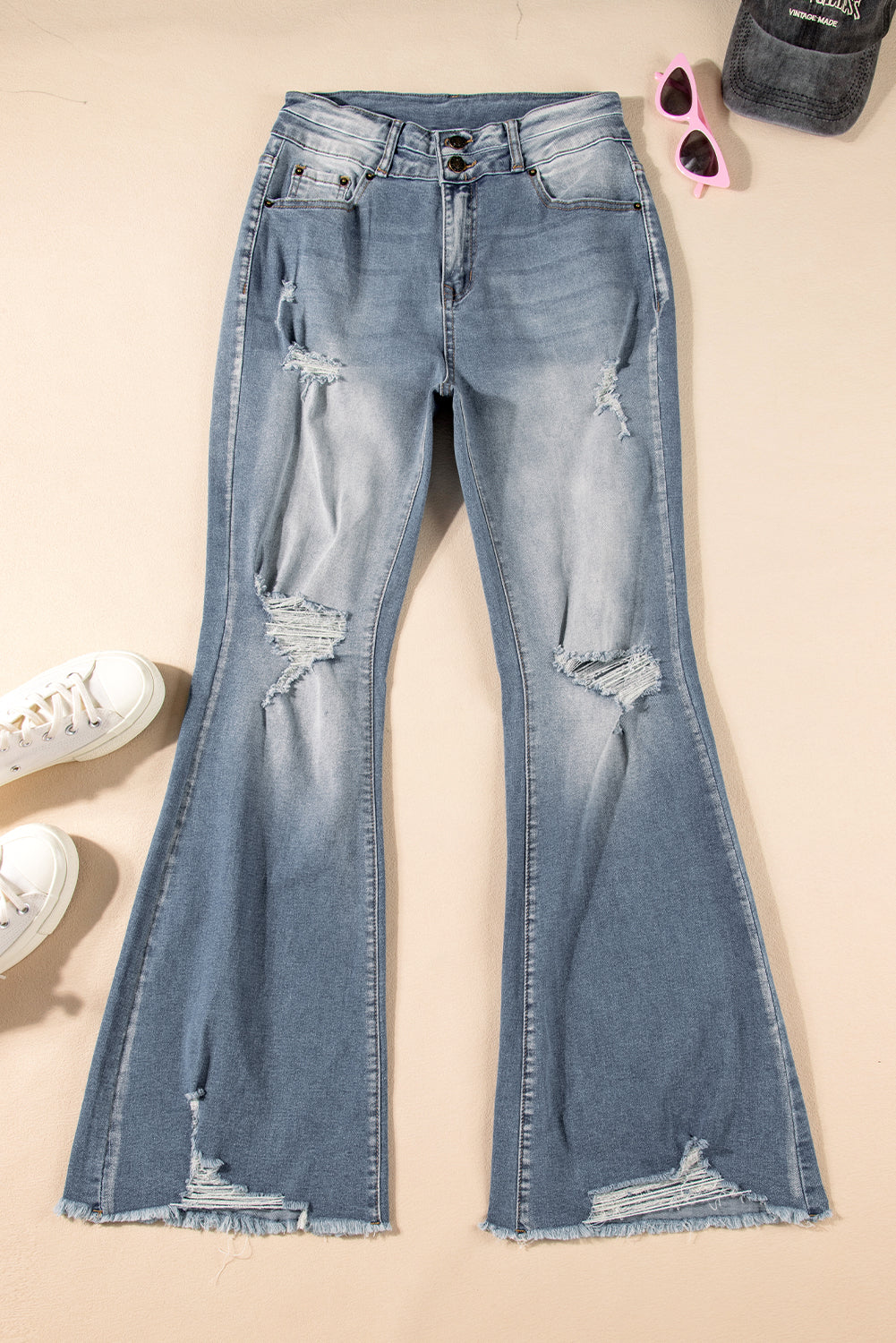 Dusk Blue Vintage Light Wash Ripped Raw Edge Flare Jeans Jeans JT's Designer Fashion