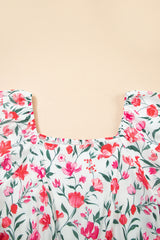 Pink Floral Puff Sleeve Square Neck Empire Waist Tiered Maxi Dress Floral Dresses JT's Designer Fashion